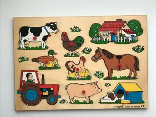 Vintage Simplex Wooden Puzzle With Pegs Made In Holland//farm Animals//vgc
