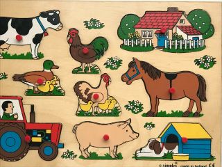 Vintage Simplex Wooden Puzzle with Pegs Made in Holland//Farm Animals//VGC 2