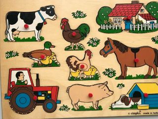 Vintage Simplex Wooden Puzzle with Pegs Made in Holland//Farm Animals//VGC 3