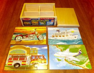 Melissa & Doug - 4 12 - Pc Wooden Puzzles In A Box - Vehicles.  Plane/boat/cycle.