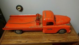 Vintage Structo Flat Bed Tow Truck With Ramp Orange 21 " Long Pressed Steel