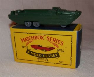 Grey Plastic Wheels.  60s.  Lesney.  Matchbox.  55 Army Dukw Amphibian Vehicle.  Boxd