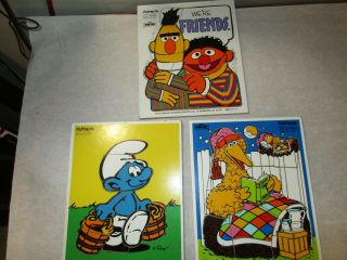 3 Vtg.  Playskool Wooden Puzzles - Sesame Street - Big Bird,  Bert & Ernie & Smurf