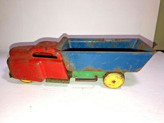 Very Old Vintage Metal Pressed Steel Toy Dump Truck Blue Red Yellow Green