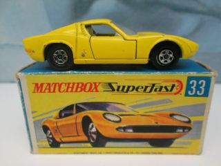 Matchbox/ Lesney Superfast 33c Lamborghini Miura Yellow - Cream Interior - Boxed