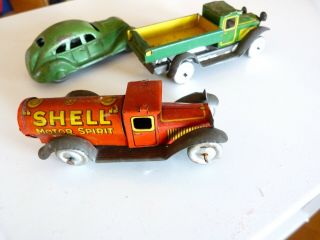 3 Old German Tin Toys,  Shell Motor Spirit Tanker,  Tipper Truck And Saloon.
