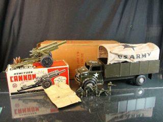 1955 Marx Tin Litho Military Transport W/ Cannon Army Military Truck Toy W/ Box