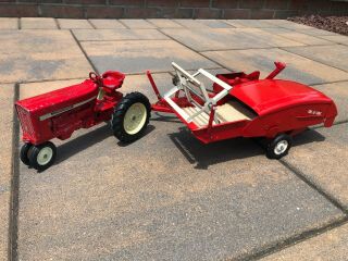 Vintage Tru Scale Tractor And Grain Combine Harvester Farm Toy Steel Red 1970 