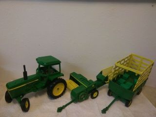 Vintage 1/16 Scale John Deere Tractor With Cab (repainted),  Baler&homemade Wagon