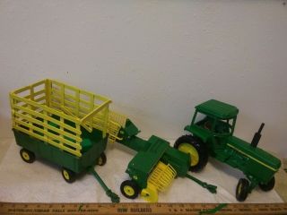 Vintage 1/16 Scale John Deere Tractor With Cab (Repainted),  Baler&Homemade Wagon 2