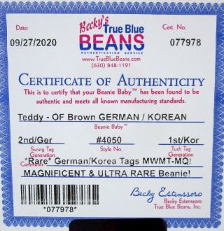 Authenticated Ty GERMAN KOREAN 2nd / 1st Gen OF OLD FACE BROWN Teddy MWMT MQ 2