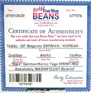 Authenticated Ty GERMAN KOREAN 2nd / 1st Gen OF OLD FACE MAGENTA Teddy MWMT MQ 2