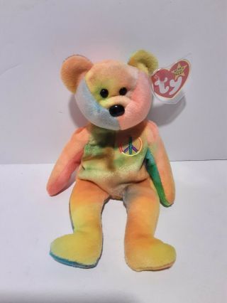 Rare Retired 1996 Ty Beanie Babie " Peace " Bear Multiple Tag Errors - Wrong Name