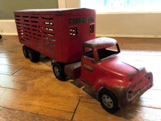 Vintage Red Tonka Toys Mound Metalcraft Livestock Truck With Trailer Hauler