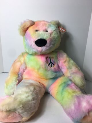 Ty Beanie Buddies Extra Large 28” Peace 1999 Teddy Bear Rainbow Tie - Dye Tag