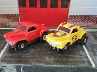 (2) Vintage Aurora T - Jet 1474 Willys Gasser Red And Yellow