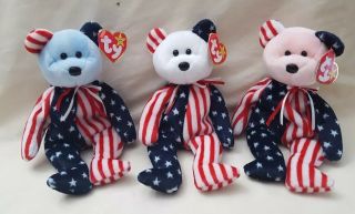 3 - Ty Beanie Baby Spangle Bear Red White & Blue Faces Pe Pellets June 14,  1999