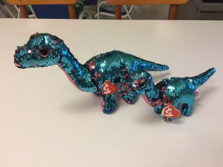 2 Ty Flippables Sequin Tremor Dinosaur - Spacex Zero G Indicator - 6 " & 9 " Tall