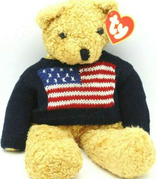 Ty Beanie Babies American Curly Bear 15in Plush Usa Sweater Flag Bear 1990