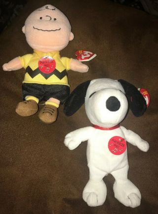Set Of 2 Ty Beanie Babies - Charlie Brown & Snoopy (8 Inch) No Music For Snoopy