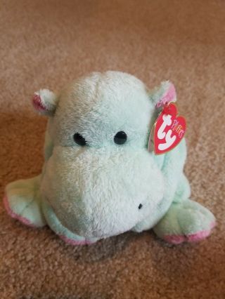 Ty Pluffies " Tubby " Green/pink Hippo Plush 7 " Sitting Stuffed Animal Baby 2002