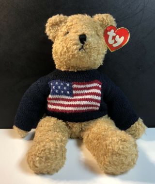 1990 Curly 18 " Bear Ty Beanie Babies - Grand Ol Flag - Usa Flag Sweater