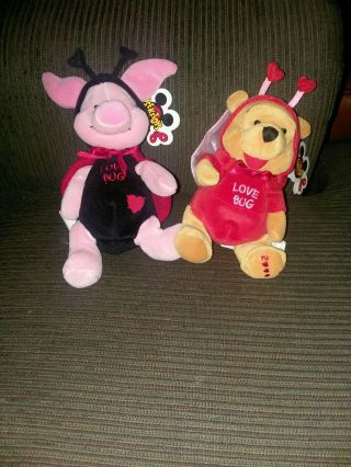 Disney Store Valentines Winnie Pooh Piglet Love Bug Bean Bag Plush Set Of 2 Nwt