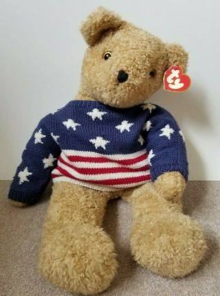 Ty Retired 1991 Large Curly Bear 24 " Plush Beanie Stars & Stripes Flag Sweater