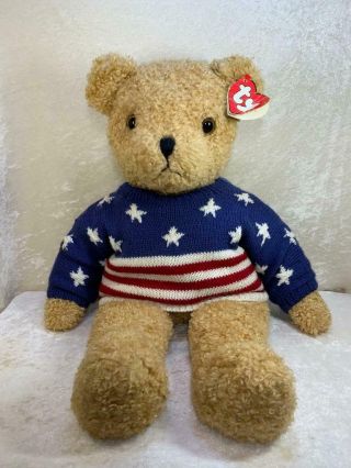 Ty Large Curly Stars & Stripes Forever Teddy Bear 26 " Tall Plush Stuffed Animal