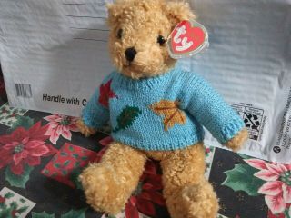 1992 Ty Classic Baby Curly Tan Blue Sweater Teddy Bear Plush 10 "