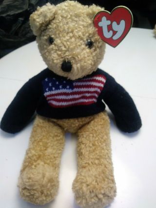 Ty Beanie Baby Patriotic Buddy Curly Bear American Flag Sweater 1990 Nwt