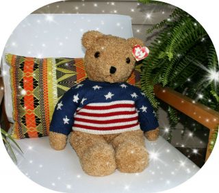 Ty Retired Large Curly Bear 24 " Plush Beanie Stars & Stripes Flag Sweater