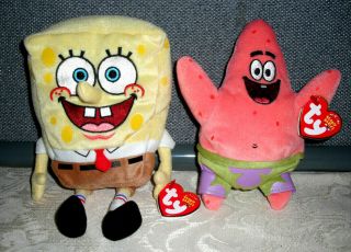 Set Of 2 Ty Beanie Babies Spongebob Squarepants & Patrick Star Plush 2004