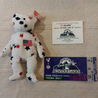 Ty Beanie Babies Glory Bear 1997 1998 All Star Game Ticket Commemorative Card
