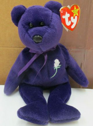 W/ Tags Ty Beanie Baby - Princess Diana The Purple Teddy Bear 1997 - Retired