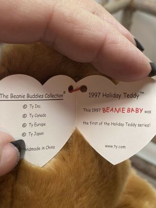 TY Beanie Buddy 1997 Holiday Teddy Bear With Tag Retired DOB: 2001 3