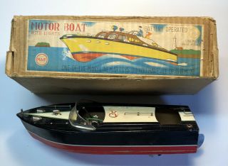 Vintage Linemar Battery Powered Wooden Motor Boat With Lights Box