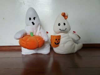 Set Of 2 Ty Halloween Ghost Beanie Babies