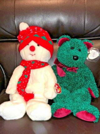 Set Of 2 Ty Beanie Buddies 14 " Bear - Holiday Teddy / Snowman