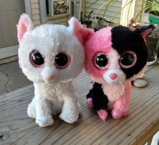 Two Ty Beanie Boo Cats Kitties White & Pink 6 " Plush No Hangs Tags