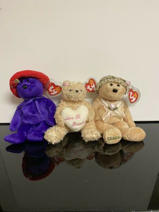 Ty Beanie Babies Ruby Bear (red Hat Society),  Nana Bear,  Dear Heart Bear