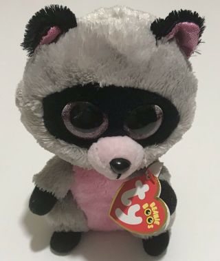 Ty Beanie Boo Rocco Raccoon Plush 7 " Stuffed Animal Pink Glitter Eyes
