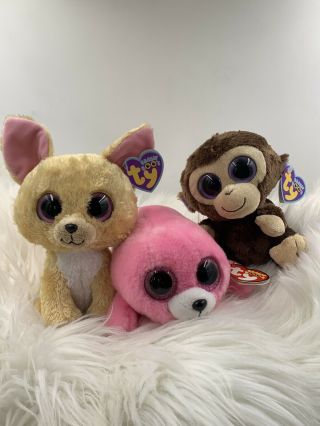Ty Beanie Boo’s Chihuahua Nacho,  Monkey Coconut,  Pink Glitter Eyes Seal Pierre6”