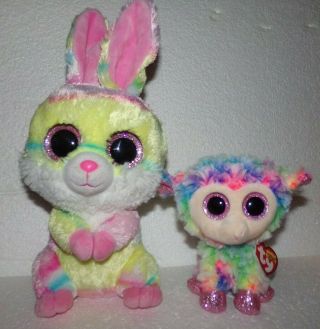 Ty Beanie Babies Boos Set Plush Rabbit Lollipop & Lamb Daffodil Tye Dye