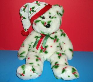 Ty Beanie Buddies 2002 Holiday Teddy Bear Plush White W Holly Print Stuffed Toy