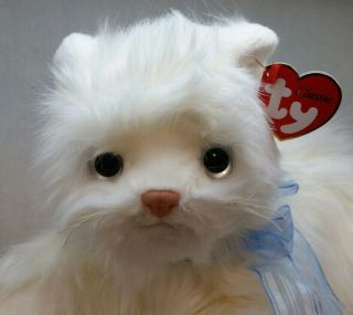 Ty Classic Sugar White Persian Fluffy Cat Kitten Blue Bow 2002 Plush W/tags