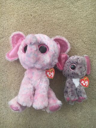 Set Of 2 Ty Beanie Boo 12” Elephant Plush Pink Ellie & 6” Gray Elephant Specks