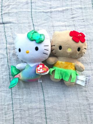 Set Of 2 Hello Kitty Mermaid Plush 6 " & 6”hawaiian Tan Hello Kitty Set Cute