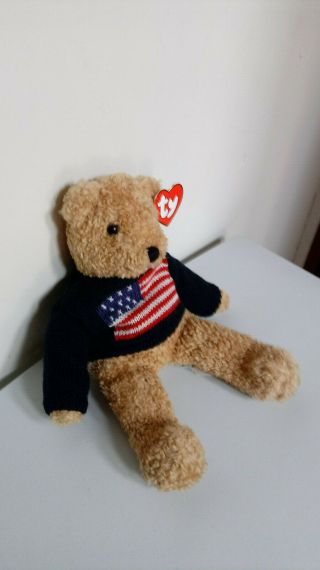 Ty Vintage 1990 Curly Bear W/flag Sweater 17 " American Patriotic Plush Beanie
