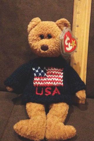 Vintage 1993 Ty Beanie Baby Curly Bear W Blue /flag Sweater 8 "